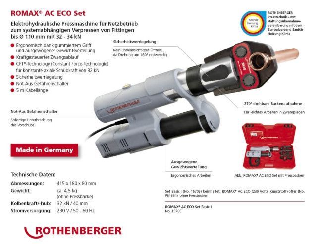 Rothenberger elektrohydraulische Fitting - Pressmaschine ROMAX AC ECO, Set  mit Pressbacken Kontur TH